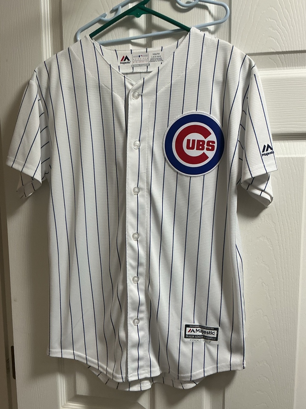 Majestic White Chicago Cubs Pinstripe Baseball Jersey with Blue & Red Logo